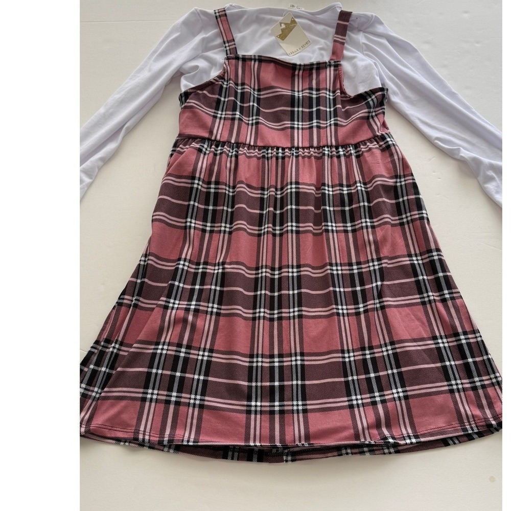 Crown of Hearts Girls Pink Plaid Button Front Peplum Dress Long Sleeve Top Set L